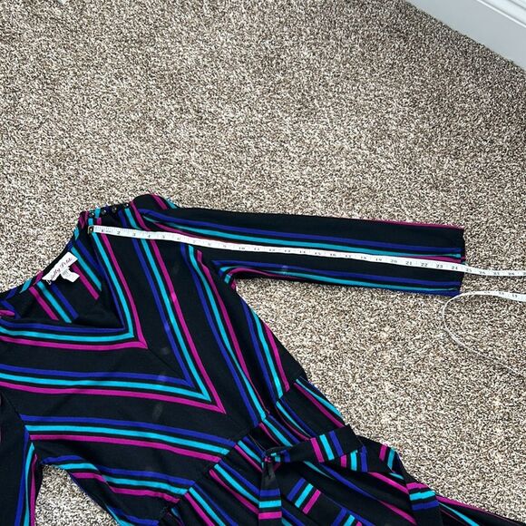 Vintage Sally Petite 80s Longsleeve Black Fit Flare Tie Chevron Striped Dress - Picture 11 of 16